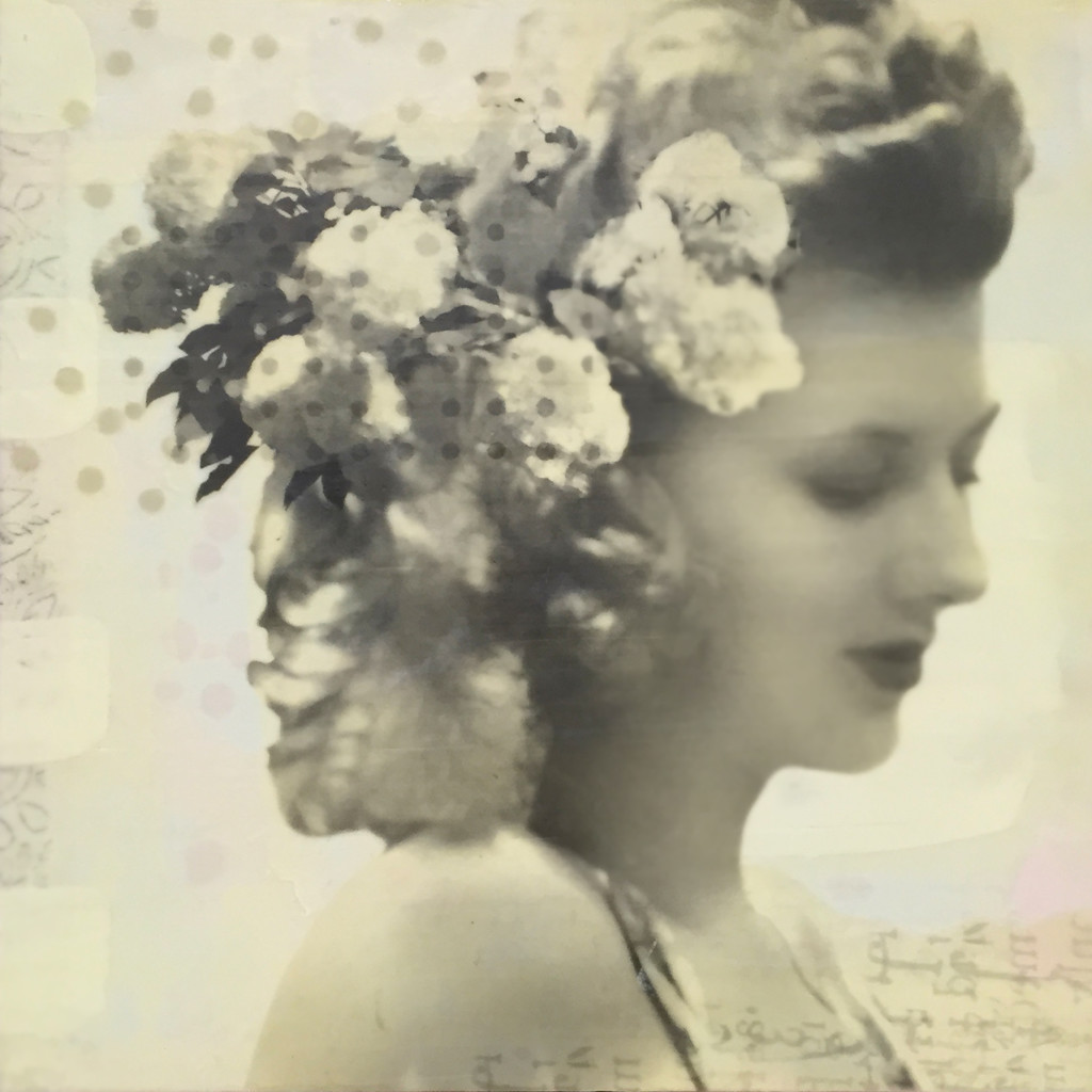 Opal, photo collage, encaustic and mixed media, 12x12x2" ©MarybethRothman