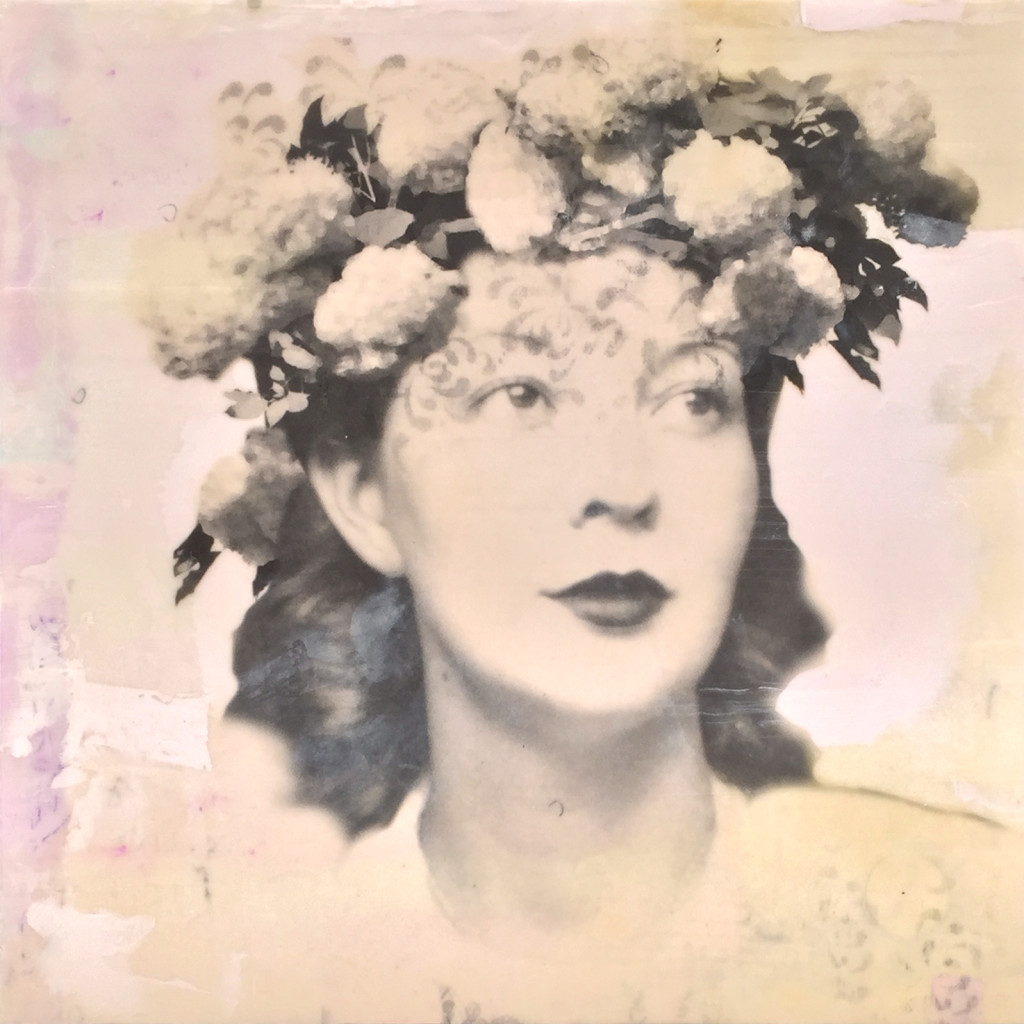 Pearl, photo collage, encaustic and mixed media, 12x12x2" ©MarybethRothman