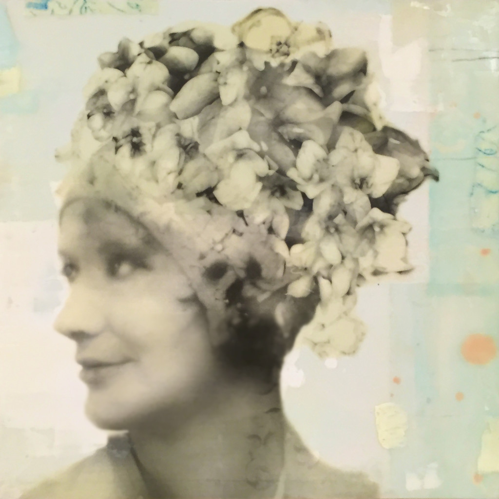 Lola, photo collage, encaustic and mixed media, 12x12x2" ©MarybethRothman