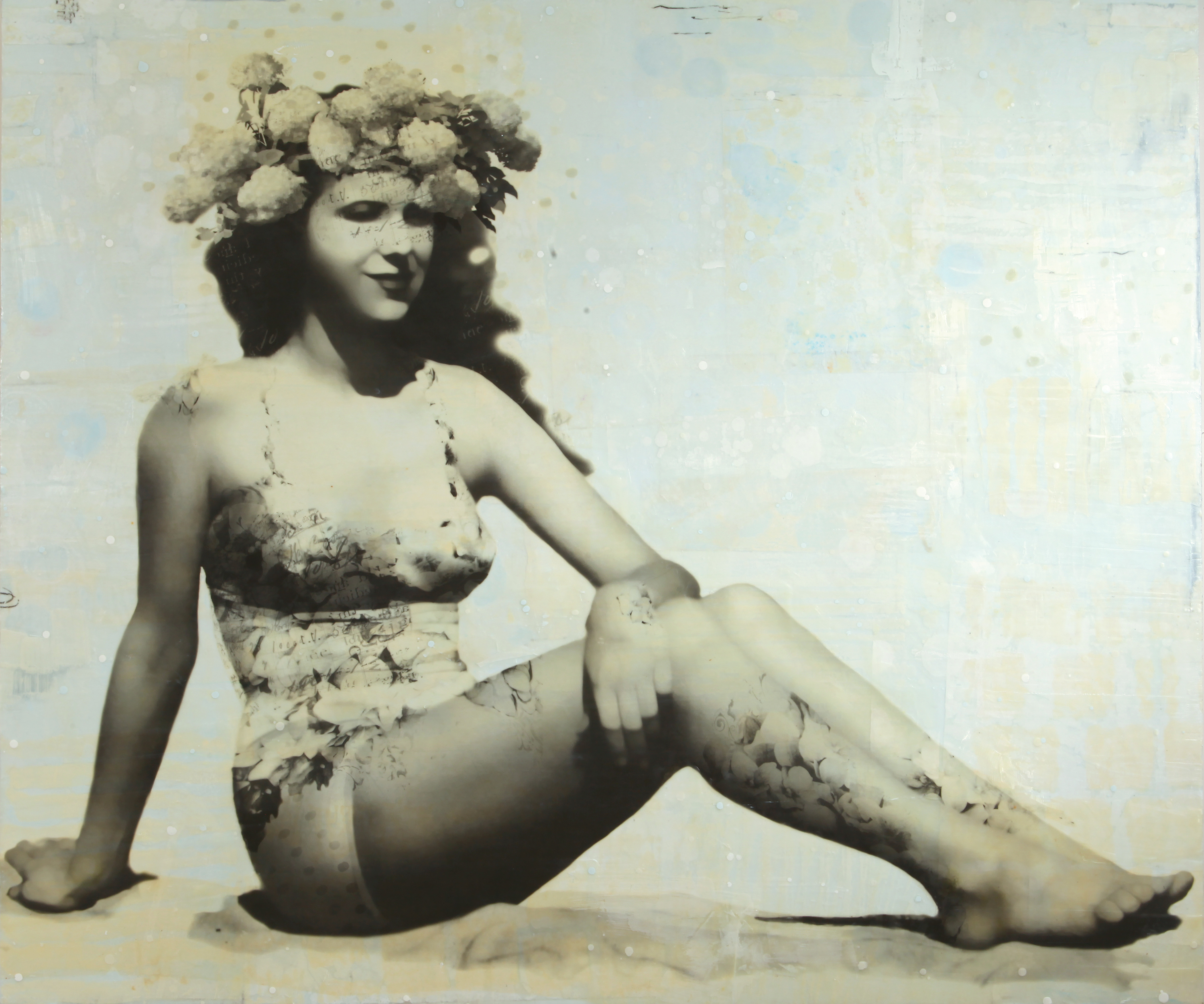 Leilani, 40x48x2", photo collage, encaustic and mixed media, by Marybeth Rothman, represented by Caldwell Snyder Gallery, San Francisco, CA.